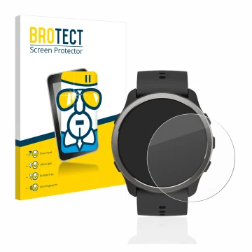 Parte frontal de un envase de producto con el logotipo de la marca BROTECT. Al lado se muestra el dispositivo Suunto 5 Peak co