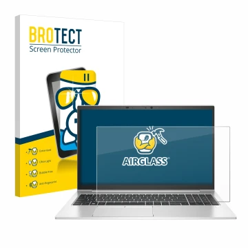 Parte frontal de un envase de producto con el logotipo de la marca BROTECT. Al lado se muestra el dispositivo HP EliteBook 850