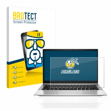 Parte frontal de un envase de producto con el logotipo de la marca BROTECT. Al lado se muestra el dispositivo HP EliteBook 830