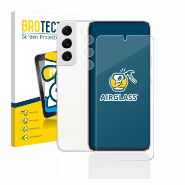 Parte frontal de un envase de producto con el logotipo de la marca BROTECT. Al lado se muestra el dispositivo Samsung Galaxy S