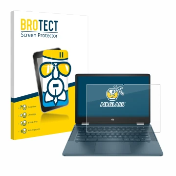 Parte frontal de un envase de producto con el logotipo de la marca BROTECT. Al lado se muestra el dispositivo HP Chromebook x3