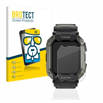 Parte frontal de un envase de producto con el logotipo de la marca BROTECT. Al lado se muestra el dispositivo Kospet Tank M1 c