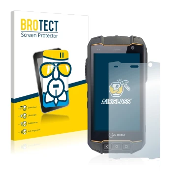 Parte frontal de un envase de producto con el logotipo de la marca BROTECT. Al lado se muestra el dispositivo i.safe MOBILE IS