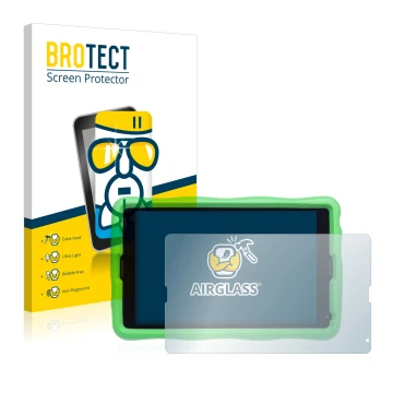 Parte frontal de un envase de producto con el logotipo de la marca BROTECT. Al lado se muestra el dispositivo MEDION Lifetab E