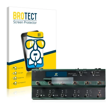 Parte frontal de un envase de producto con el logotipo de la marca BROTECT. Al lado se muestra el dispositivo Kemper Profiler 