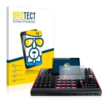 Parte frontal de un envase de producto con el logotipo de la marca BROTECT. Al lado se muestra el dispositivo Akai MPC X 10.1