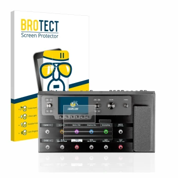 Parte frontal de un envase de producto con el logotipo de la marca BROTECT. Al lado se muestra el dispositivo Line 6 Helix Flo