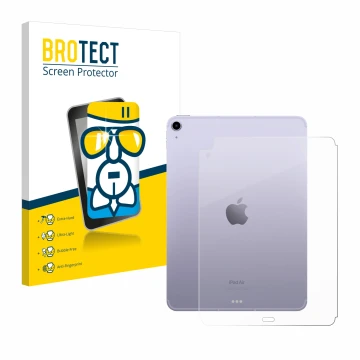 Parte frontal de un envase de producto con el logotipo de la marca BROTECT. Al lado se muestra el dispositivo Apple iPad Air 5
