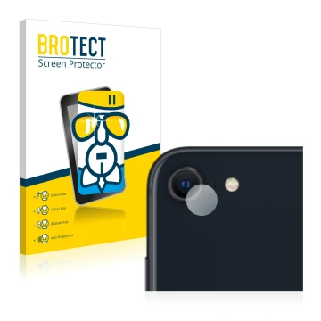 Parte frontal de un envase de producto con el logotipo de la marca BROTECT. Al lado se muestra el dispositivo Apple iPhone SE 