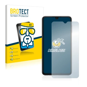 Parte frontal de un envase de producto con el logotipo de la marca BROTECT. Al lado se muestra el dispositivo Samsung Galaxy A
