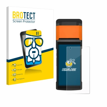 Parte frontal de un envase de producto con el logotipo de la marca BROTECT. Al lado se muestra el dispositivo Sunmi V2s con su