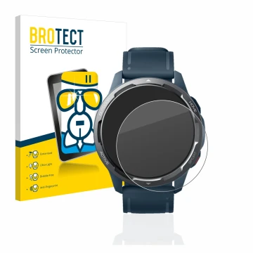 Parte frontal de un envase de producto con el logotipo de la marca BROTECT. Al lado se muestra el dispositivo Xiaomi Watch S1 