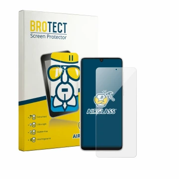 Parte frontal de un envase de producto con el logotipo de la marca BROTECT. Al lado se muestra el dispositivo Samsung Galaxy A