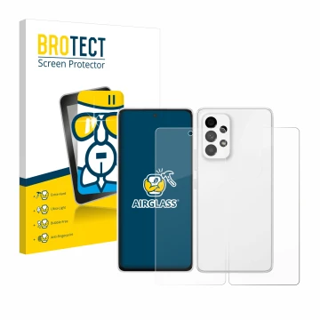 Parte frontal de un envase de producto con el logotipo de la marca BROTECT. Al lado se muestra el dispositivo Samsung Galaxy A