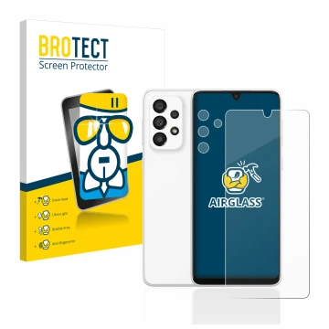 Parte frontal de un envase de producto con el logotipo de la marca BROTECT. Al lado se muestra el dispositivo Samsung Galaxy A
