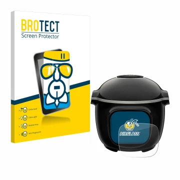 Parte frontal de un envase de producto con el logotipo de la marca BROTECT. Al lado se muestra el dispositivo Krups Cook4me To