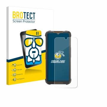 Parte frontal de un envase de producto con el logotipo de la marca BROTECT. Al lado se muestra el dispositivo AGM H5 con su pr