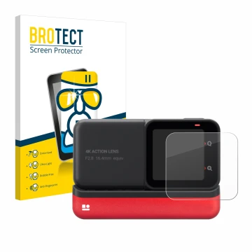 Parte frontal de un envase de producto con el logotipo de la marca BROTECT. Al lado se muestra el dispositivo Insta360 One RS 