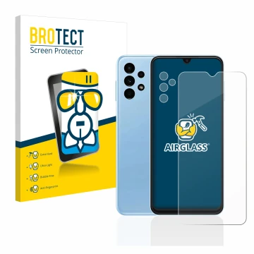 Parte frontal de un envase de producto con el logotipo de la marca BROTECT. Al lado se muestra el dispositivo Samsung Galaxy A