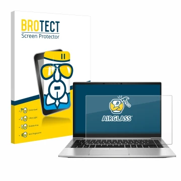 Parte frontal de un envase de producto con el logotipo de la marca BROTECT. Al lado se muestra el dispositivo HP EliteBook 845