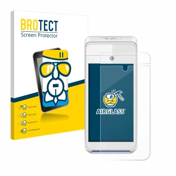 Parte frontal de un envase de producto con el logotipo de la marca BROTECT. Al lado se muestra el dispositivo Pax A920 con su 