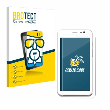 Parte frontal de un envase de producto con el logotipo de la marca BROTECT. Al lado se muestra el dispositivo Pax A77 con su p