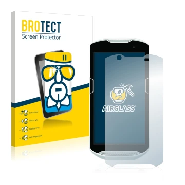 Parte frontal de un envase de producto con el logotipo de la marca BROTECT. Al lado se muestra el dispositivo Zebra TC52 con s