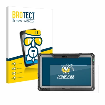 Parte frontal de un envase de producto con el logotipo de la marca BROTECT. Al lado se muestra el dispositivo Getac F110 G6 co