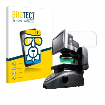Parte frontal de un envase de producto con el logotipo de la marca BROTECT. Al lado se muestra el dispositivo Keyence IM-6125 