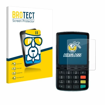 Parte frontal de un envase de producto con el logotipo de la marca BROTECT. Al lado se muestra el dispositivo ingenico Link/25