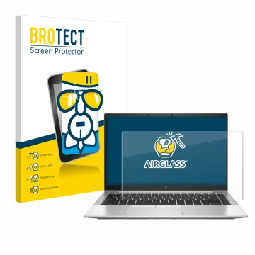 Parte frontal de un envase de producto con el logotipo de la marca BROTECT. Al lado se muestra el dispositivo HP EliteBook 845