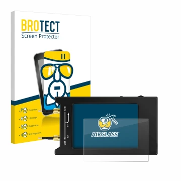 Parte frontal de un envase de producto con el logotipo de la marca BROTECT. Al lado se muestra el dispositivo NanoVNA H4 con s