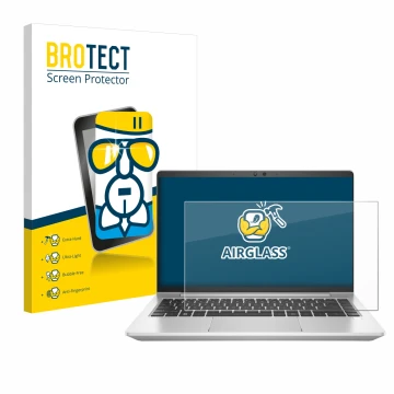 Parte frontal de un envase de producto con el logotipo de la marca BROTECT. Al lado se muestra el dispositivo HP EliteBook 645