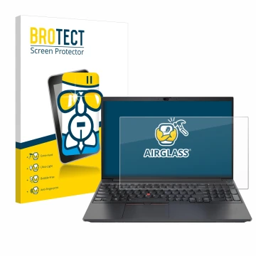 Parte frontal de un envase de producto con el logotipo de la marca BROTECT. Al lado se muestra el dispositivo Lenovo ThinkPad 