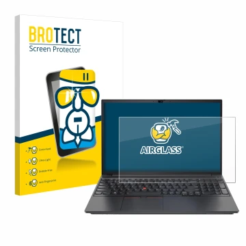 Parte frontal de un envase de producto con el logotipo de la marca BROTECT. Al lado se muestra el dispositivo Lenovo ThinkPad 