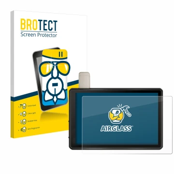 Parte frontal de un envase de producto con el logotipo de la marca BROTECT. Al lado se muestra el dispositivo Garmin Tread Ove