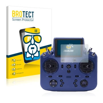 Parte frontal de un envase de producto con el logotipo de la marca BROTECT. Al lado se muestra el dispositivo FrSky Tandem X18