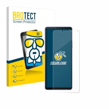 Parte frontal de un envase de producto con el logotipo de la marca BROTECT. Al lado se muestra el dispositivo Sony Xperia 10 I