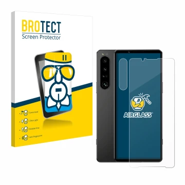 Parte frontal de un envase de producto con el logotipo de la marca BROTECT. Al lado se muestra el dispositivo Sony Xperia 1 IV