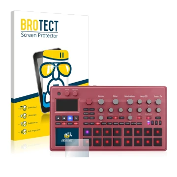 Parte frontal de un envase de producto con el logotipo de la marca BROTECT. Al lado se muestra el dispositivo KORG electribe S