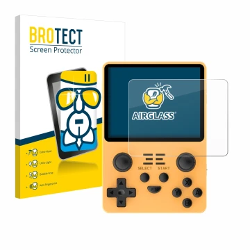 Parte frontal de un envase de producto con el logotipo de la marca BROTECT. Al lado se muestra el dispositivo Powkiddy RGB20S 