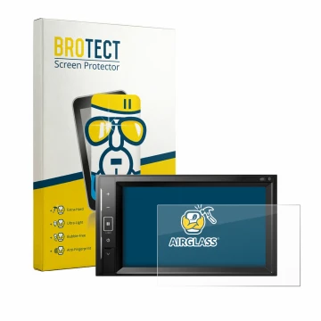 Parte frontal de un envase de producto con el logotipo de la marca BROTECT. Al lado se muestra el dispositivo Pioneer AVH-A240