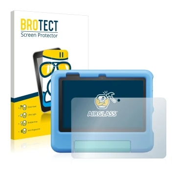 Parte frontal de un envase de producto con el logotipo de la marca BROTECT. Al lado se muestra el dispositivo Amazon Fire 7 Ki