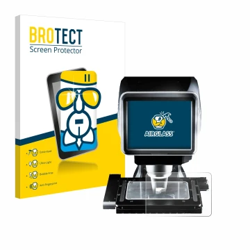 Parte frontal de un envase de producto con el logotipo de la marca BROTECT. Al lado se muestra el dispositivo Keyence LM-1100 