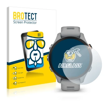 Parte frontal de un envase de producto con el logotipo de la marca BROTECT. Al lado se muestra el dispositivo Garmin Forerunne