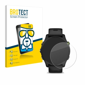 Parte frontal de un envase de producto con el logotipo de la marca BROTECT. Al lado se muestra el dispositivo Garmin Forerunne
