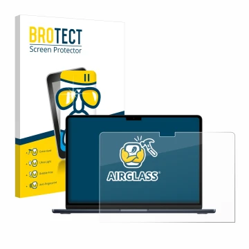 Parte frontal de un envase de producto con el logotipo de la marca BROTECT. Al lado se muestra el dispositivo Apple MacBook Ai