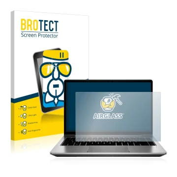 Parte frontal de un envase de producto con el logotipo de la marca BROTECT. Al lado se muestra el dispositivo HP ProBook 640 G