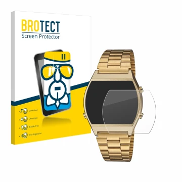 Parte frontal de un envase de producto con el logotipo de la marca BROTECT. Al lado se muestra el dispositivo Casio Retro B640