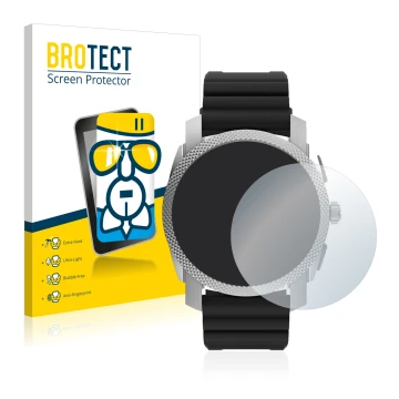 Parte frontal de un envase de producto con el logotipo de la marca BROTECT. Al lado se muestra el dispositivo Fossil Gen 6 Hyb